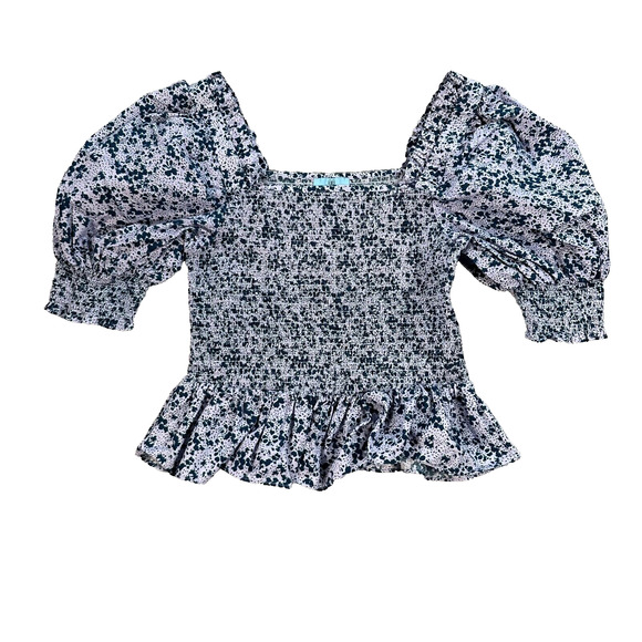 CeCe Puff Sleeve Top Women's Large Purple Floral Square Neck Smocked Ruffle - Picture 1 of 9